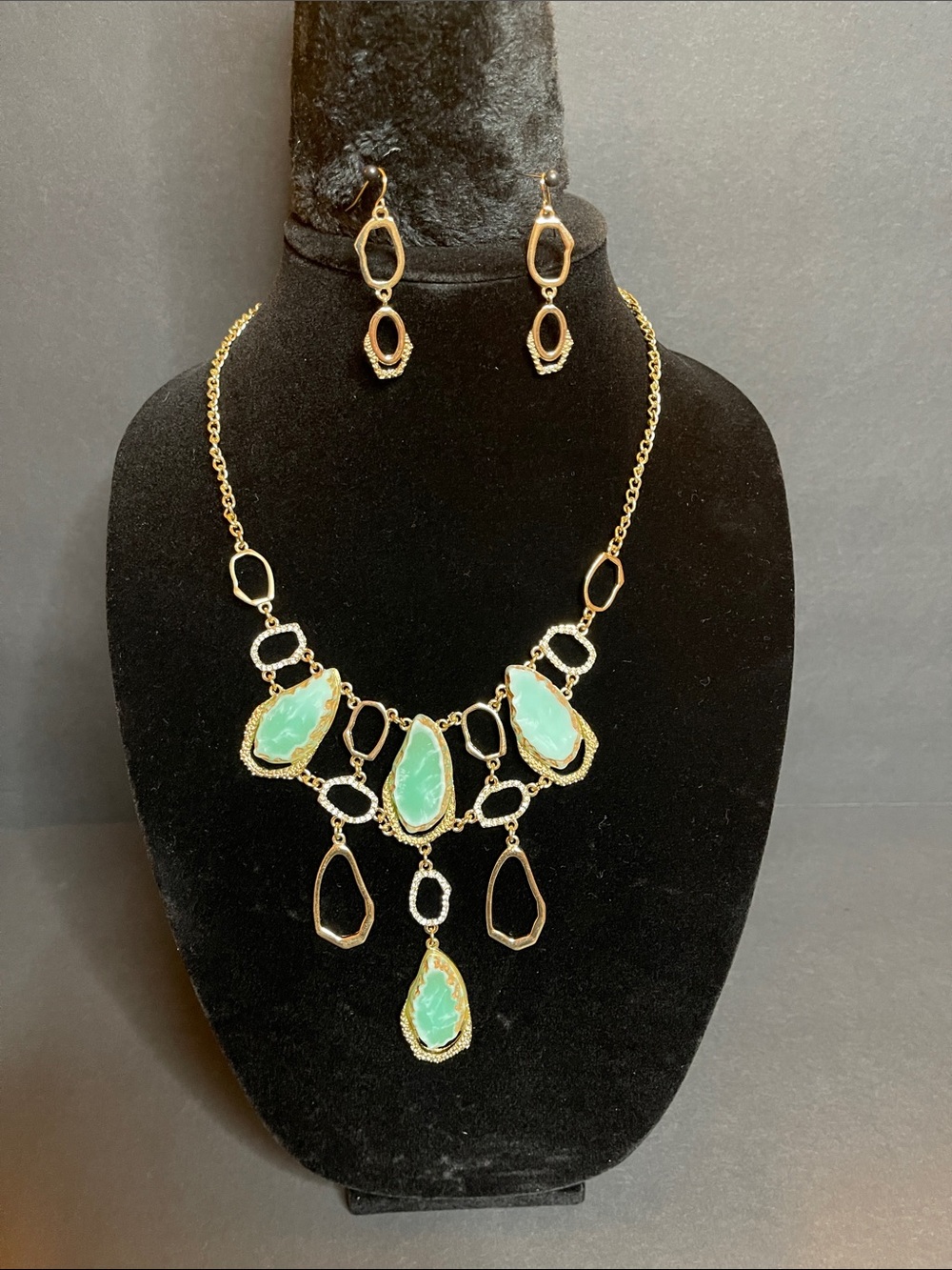 Gold-Tone Teal Gemstone Statement Necklace and Earring Set